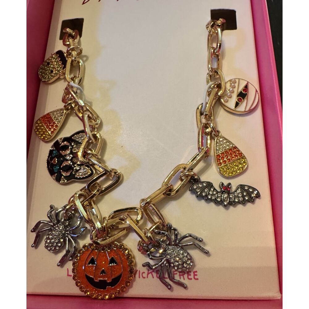 NIB Betsey Johnson Halloween Multi Charm Frontal Necklace Statement Pumpkin Cat - Picture 4 of 7